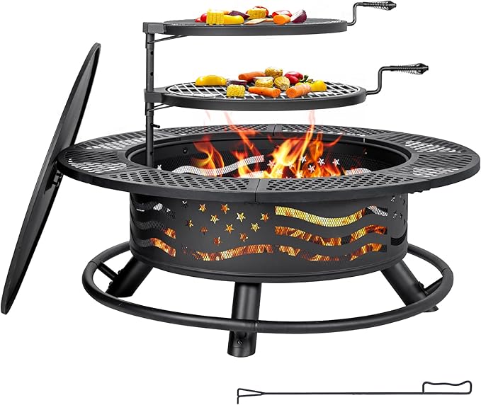 42 Inch Fire Pit with 2 Cooking Grates, Outdoor Wood Burning BBQ Grill Firepit Bowl with Cover Lid, Steel Round Table for Backyard Bonfire Patio Picnic (Black, 42)-VerdiqueGarden
