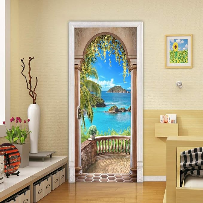 3D Door Stickers Murals - Landscape - Peel and Stick - Waterproof & Washable - Matt Finish - Tropical Style - White - 35.4" x 78.7" - 2 PARTS-VerdiqueGarden