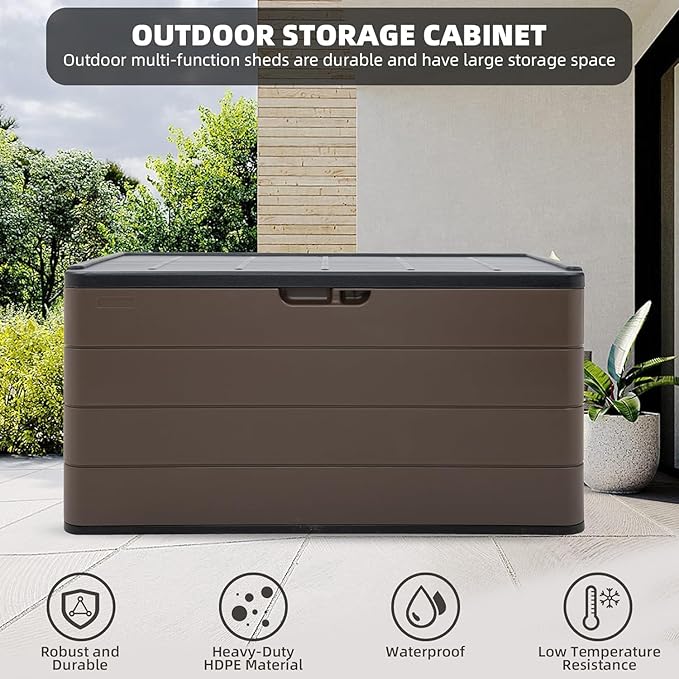 100 Gallon Plus Resin Deck Box, Waterproof Outdoor Storage Bin for Patio Furniture, Pool Accessories, and Garden Tools, Lockable & UV-Resistant, Brown-VerdiqueGarden