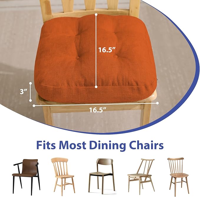 Chair Cushions for Dining Chairs, Dining Chair Cushions, Tufted Indoor Chair Pads with Ties & Non Slip Backing, Seat Cushions for Kitchen Chairs 16.5” x 16.5” x 3.5”, Set of 6, Orange-VerdiqueGarden