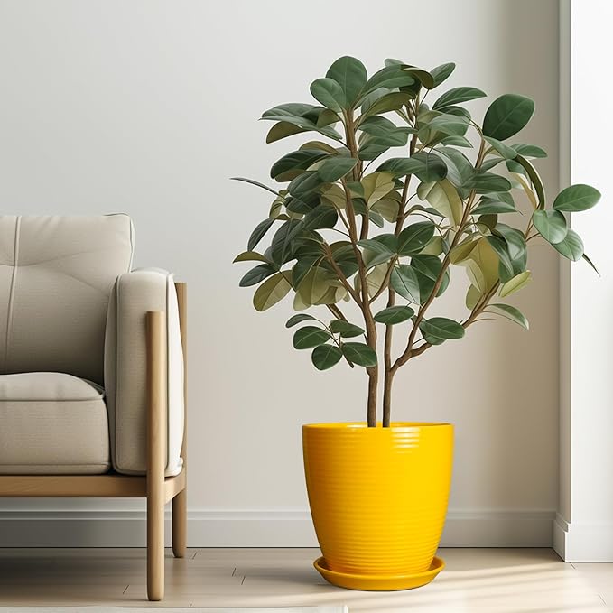 10 Inch Plant Pot - Ceramic Pot for Plants Outdoor Planter for Indoor Plants Large Plant Pot with Drainage Hole and Saucer Round Flower Pot for Home Patio Office Yellow-VerdiqueGarden