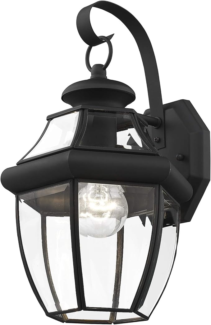 Livex Lighting 2151-04 Monterey 1 Light Outdoor Black Finish Solid Brass Wall Lantern with Clear Beveled Glass, 13" x 8.5" x 8.25"-VerdiqueGarden