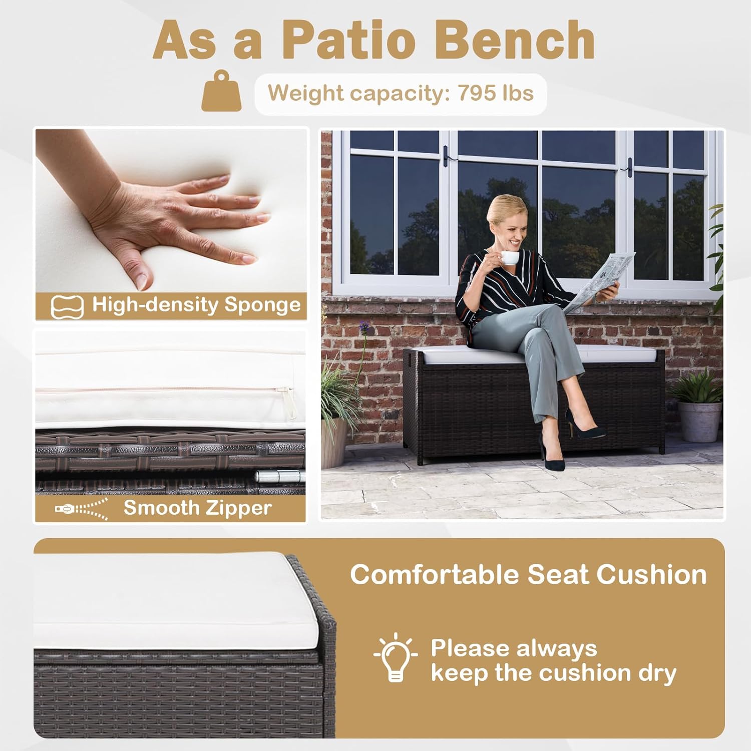 RELAX4LIFE 34-Gallon Outdoor Storage Box - Wicker Rattan Deck Box w/Seat Cushion, Waterproof Liner & Side Handles for Pillows, Patio Cushions, Pool Supplies, Garden Tools, Porch Outdoor Storage Bench-VerdiqueGarden