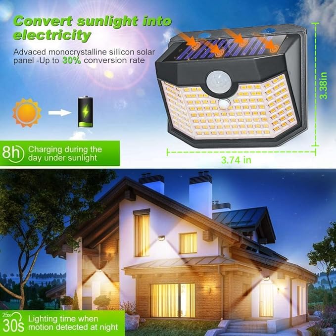 HMCITY 120 LED Outdoor Solar Lights- with Motion Sensor and 3 Lighting Modes, IP65 Waterproof Wide Solar Wall Lights Ideal for Garden Patio Yard (Front Button 6Packs, Warm White)-VerdiqueGarden