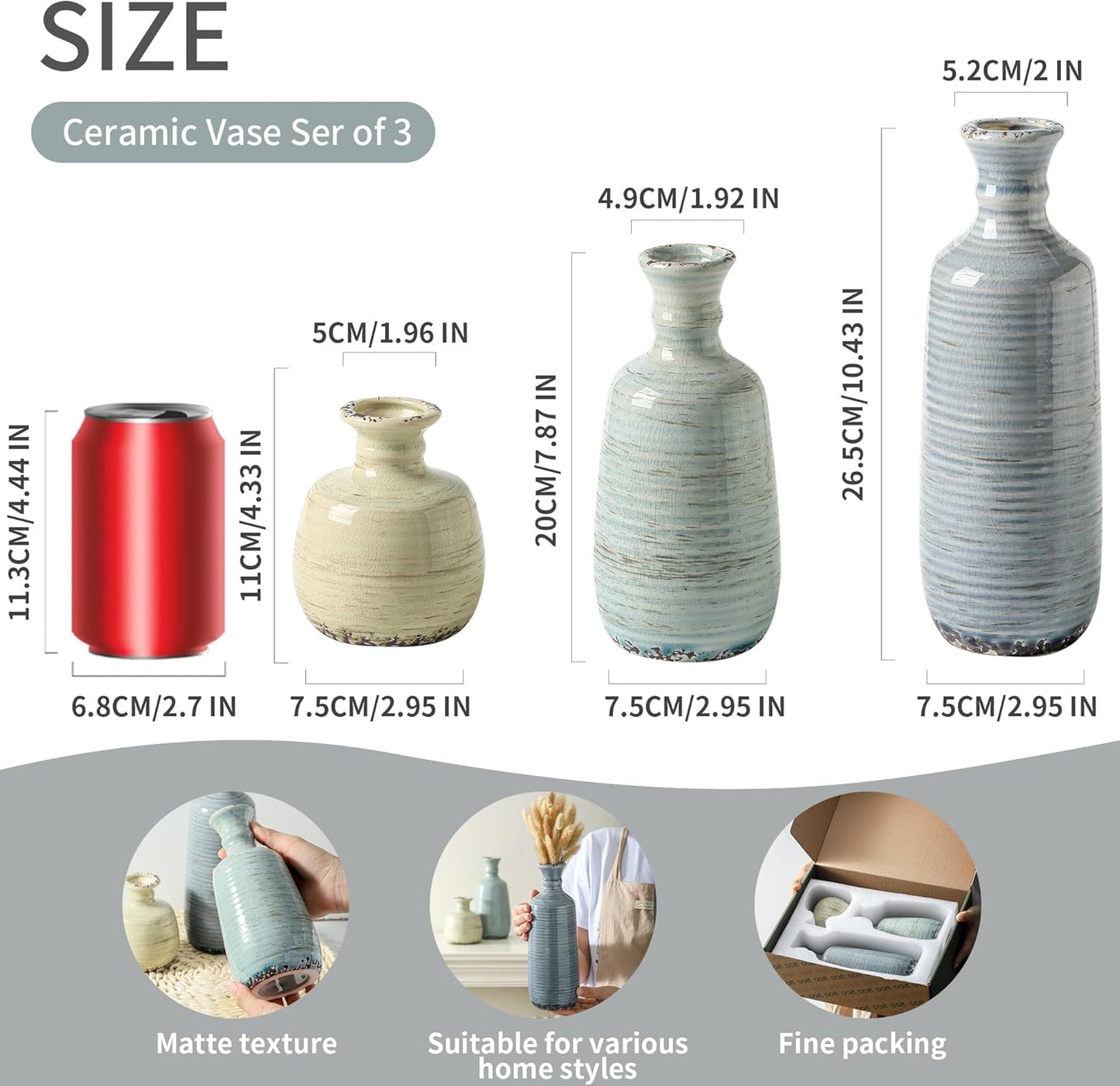 Ceramic Vase Set of 3, Rustic Neutral Vases Home Decor Farmhouse Decorative Flower Vase Modern Boho Pampass Vases for Table Mantel Entryway Shelf Living Room Kitchen Bathroom - Multicolor-VerdiqueGarden