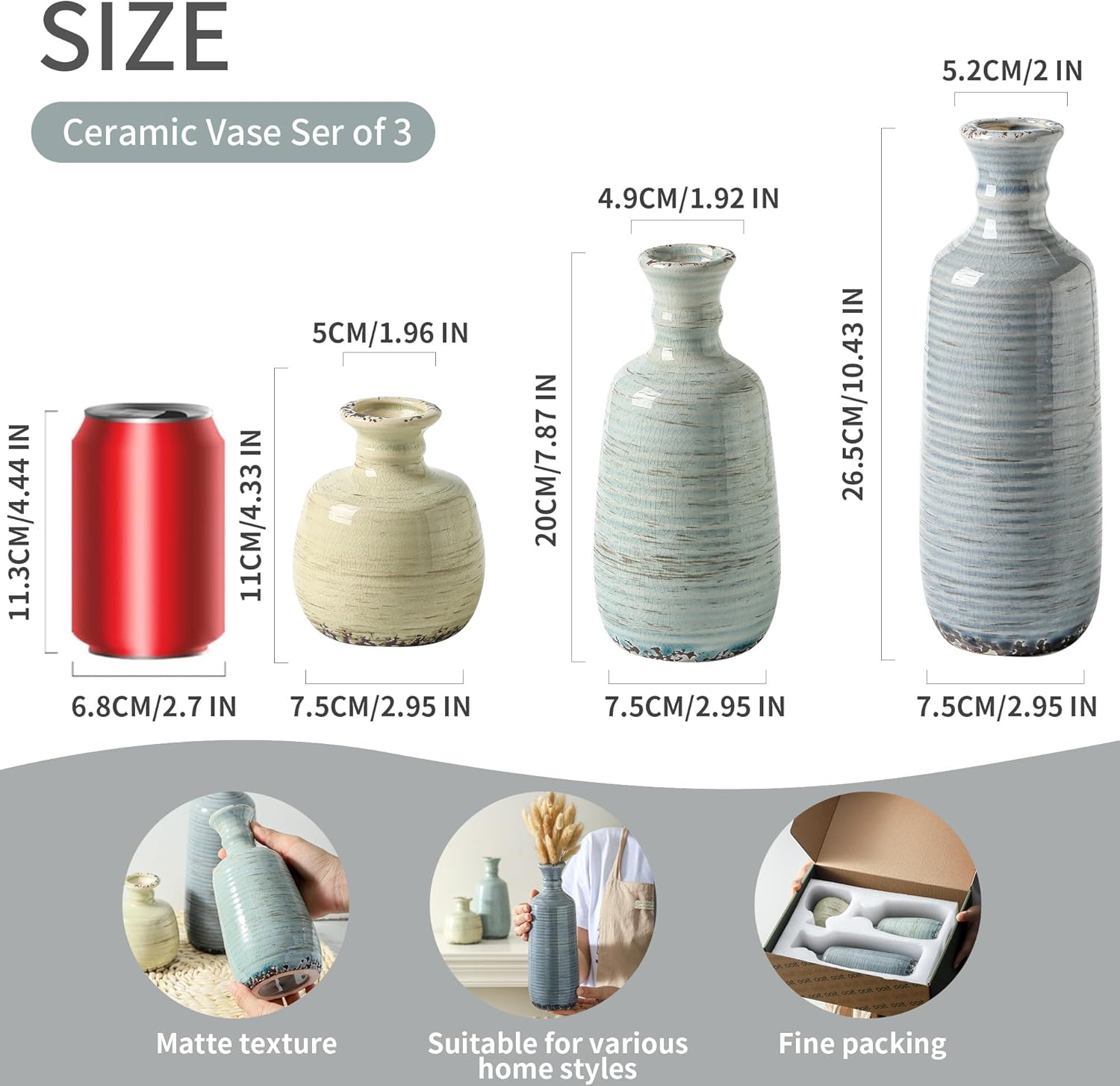 Ceramic Vase Set of 3, Rustic Neutral Vases Home Decor Farmhouse Decorative Flower Vase Modern Boho Pampass Vases for Table Mantel Entryway Shelf Living Room Kitchen Bathroom - Multicolor-VerdiqueGarden