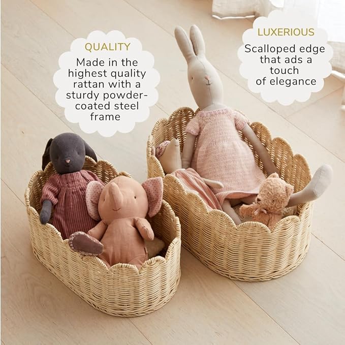 BEBE BASK Premium Scalloped Basket Set Of 2 - Scallop Basket - 16 x 10 x 7 Inch - Hand-Woven Elegant Wicker With Scalloped Edge - Nursery Storage (Natural)-VerdiqueGarden