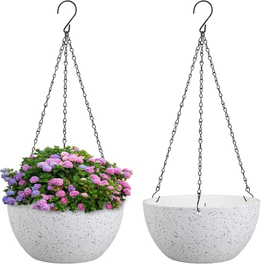 10 inch Hanging Planters for Indoor Outdoor Plants, 2 Pack Hanging Flower Pots with Drainage Holes and Chain for Garden Porch, Plastic Hanging Baskets for House Plants, Speckled White-VerdiqueGarden