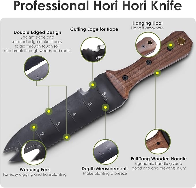 Hori Hori Garden Knife, Garden Tools with Sheath for Weeding,Planting,Digging, 7" Stainless Steel Blade with Cutting Edge, Full-Tang walnut Wood Handle with Hanging Hole-VerdiqueGarden
