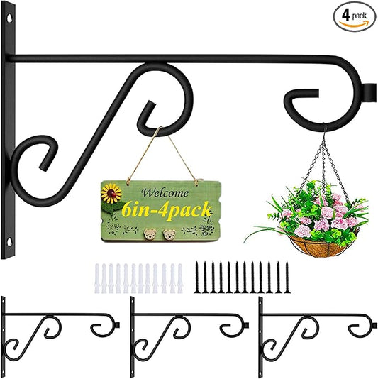 Hanging Plant Hanger 4Pcs Plant Hanger Wall Hooks,6in Metal Plant Bracket Hook for Outdoor or Indoor Hanging Flower Baskets,Wind Chimes,Solar Lanterns-VerdiqueGarden