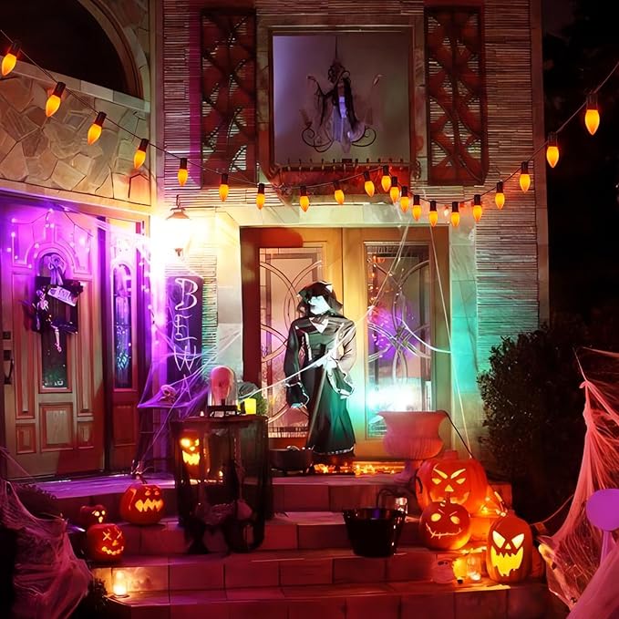 25FT LED Halloween Outdoor String Lights with 26 C9 Candle Shape Shatterproof Plastic Bulbs,2700K Waterproof Connectable Orange LED String Lights for Home Garden Halloween Christmas Fall Decor-VerdiqueGarden
