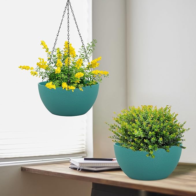 12 inch Large Hanging Planters for Indoor Outdoor Plants, 2 Pack Hanging Flower Plant Pots with Drainage Holes and Chain for Garden Porch, Plastic Hanging Baskets for House Plants, Blue Green-VerdiqueGarden