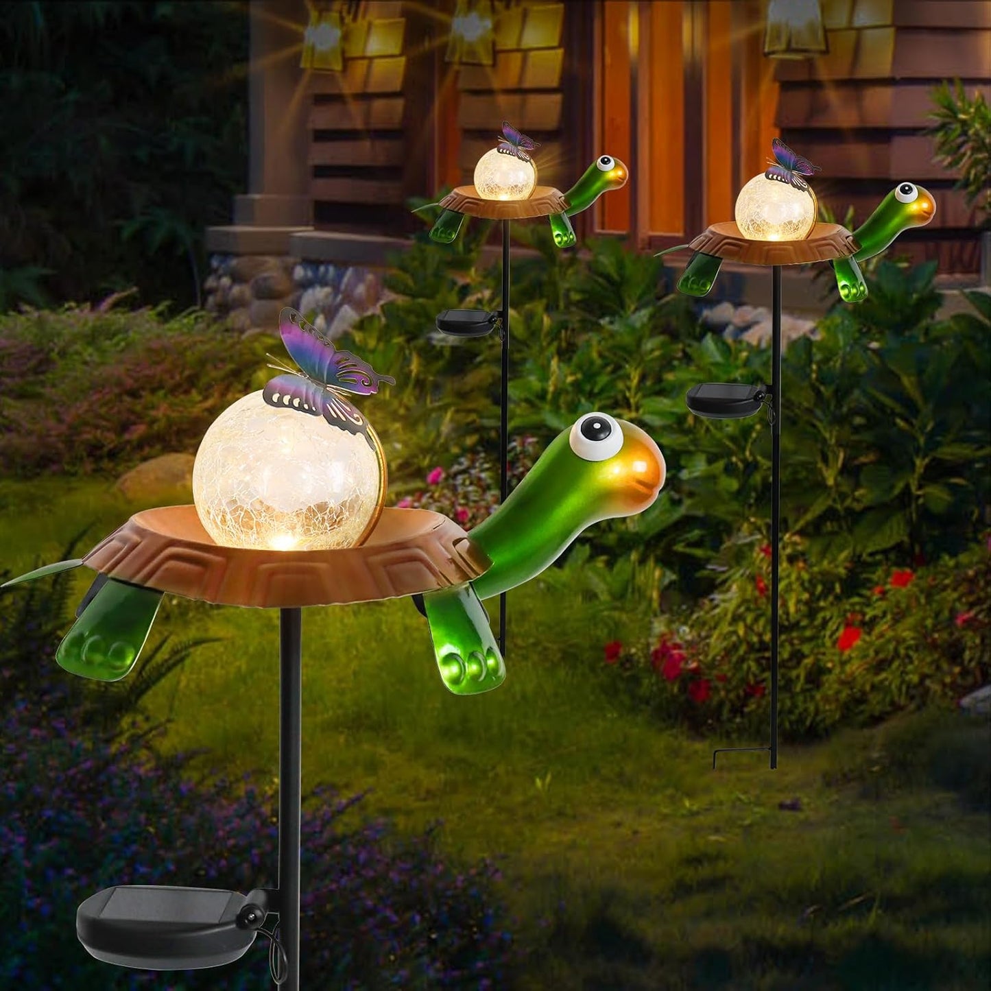Afirst Solar Lights Outdoor Decorative Metal Turtle Crackle Glass Globe with Butterfly Warm White LED Metal Waterproof Garden Stake Lights for Walkway Pathway Lawn Patio Yard Decorations-VerdiqueGarden