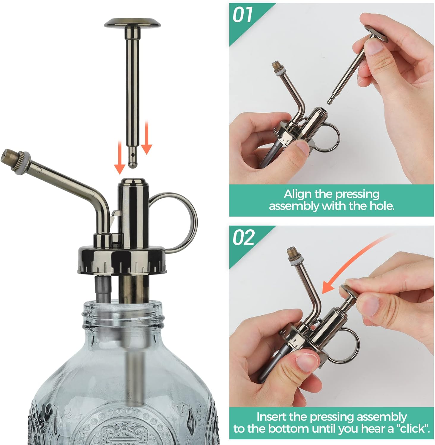 T4U Glass Plant Mister 200ML, Vintage Spray Bottle with Top Pump Fine Mist Garden Flower Sprayer Small Decorative Spritzer Watering Can Gift for Indoor Outdoor Succulent House Plant (Grey)-VerdiqueGarden