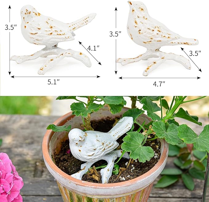 Sungmor Cast Iron Small Bird Statues, Set of 2 Antique White Bird with Branch Collectible Figurines, Farmhouse Home Garden Decorative Bird Sculpture, Realistic Indoor and Outdoor Ornaments-VerdiqueGarden