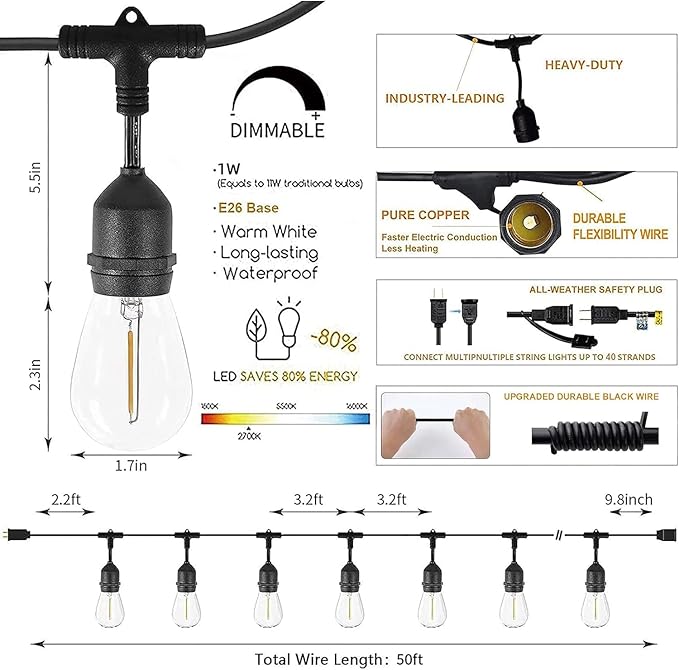 Svater Outdoor String Lights 150FT, E26 Socket, 48pcs S14 Shatterpoof Bulbs, 1 Watt Dimmable 2700K Warm White, IP65 Waterproof Commercial Grade Patio Lights（3 Pack X 50FT）-VerdiqueGarden