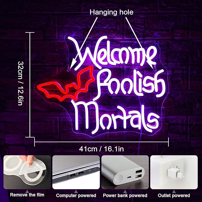 Welcome Foolish Mortals Neon Sign Halloween LED Neon Signs for Wall Decor Halloween Neon Light USB Light Up Sign for Halloween Decor Halloween Party Decoration,Door,Windows,Bar,Man Cave-VerdiqueGarden