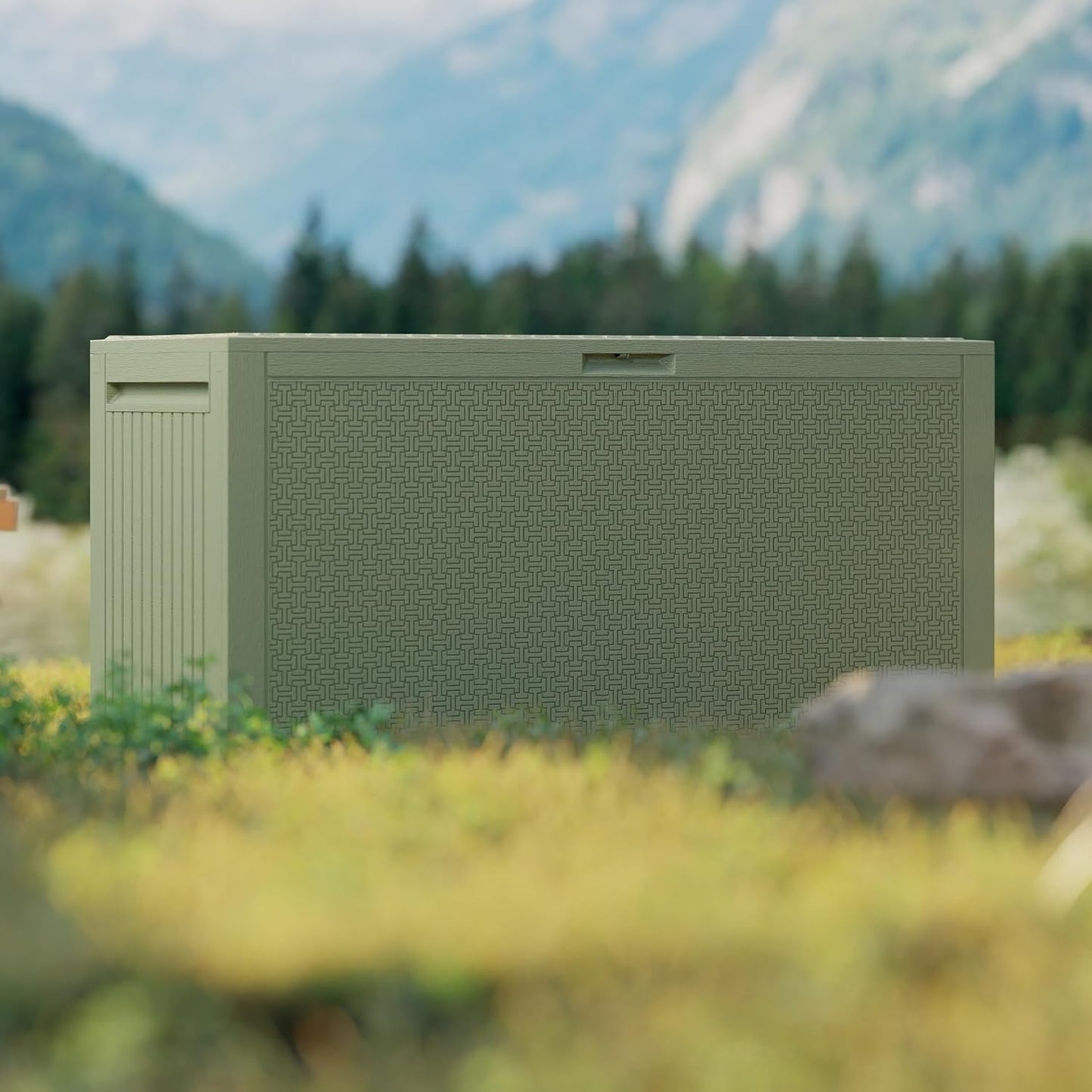 90 Gallon Outdoor Storage Box, Lockable Outside Storage Box Waterproof, Patio Cushions Deck Storage Boxes, Rattan Plastic Garden Hose Containers Resin Pool Storage Bins with lids, Sage Green-VerdiqueGarden