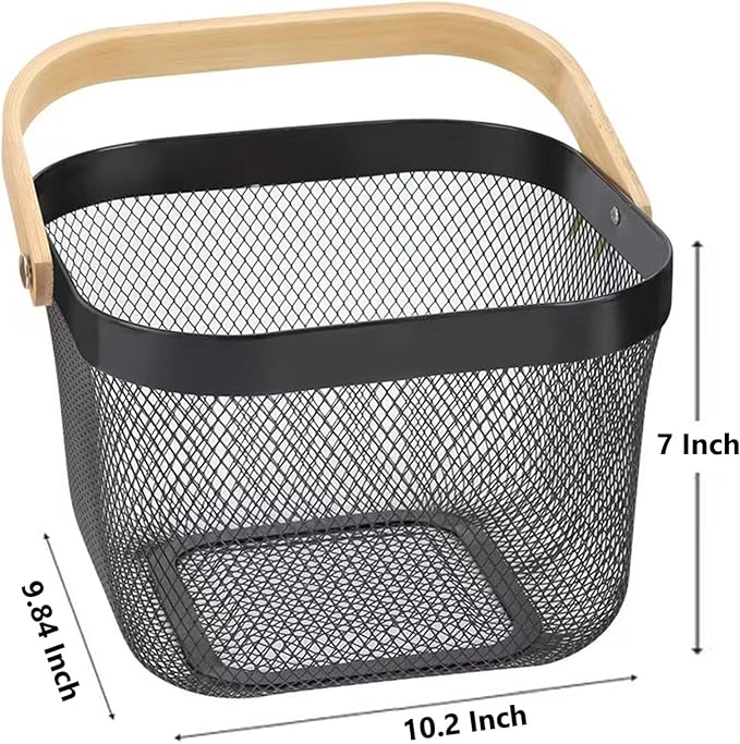 Metal Mesh Steel Basket, Storage Organizer Basket Multi-functional Hanging Kitchen Baskets Fruit Basket Bin with Bamboo Handle for Kitchen Bathroom Picnic Shopping Decor Cabinet Home, Black-VerdiqueGarden