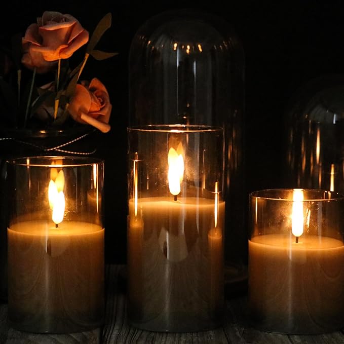 Glass Flameless Candles with Remote Timer,LED Candles Flickering Battery Operated with 3D Wick,Candle Holders Table Centerpiece Decoration for Home Wedding Birthday Festival(Grey)-VerdiqueGarden