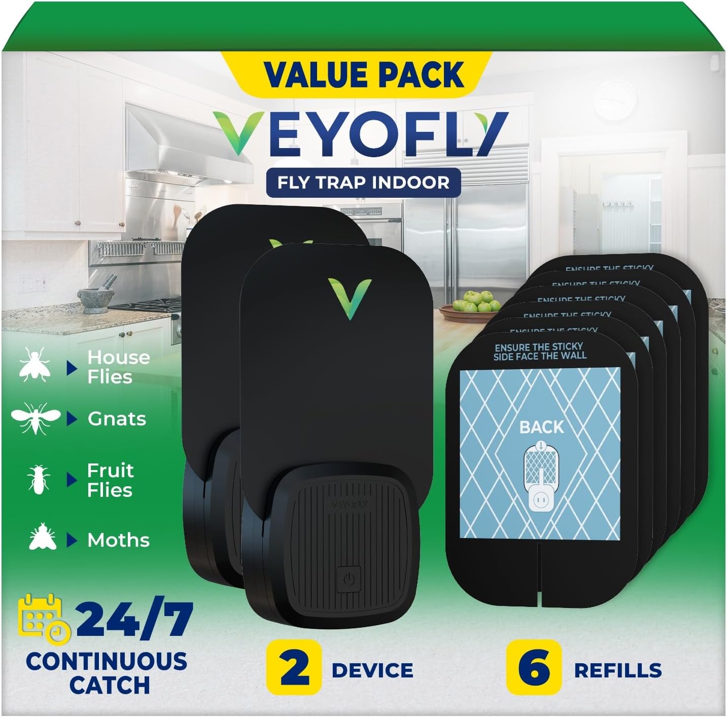 VEYOFLY Fly Trap Indoor, Fruit Fly Traps for Indoors, (2 Device + 6 Refills) Gnat Traps for House Indoor, Fly Catcher Indoor, Plug in Light Flying Insect Trap, Bug Light Killer, Fly Trap-VerdiqueGarden