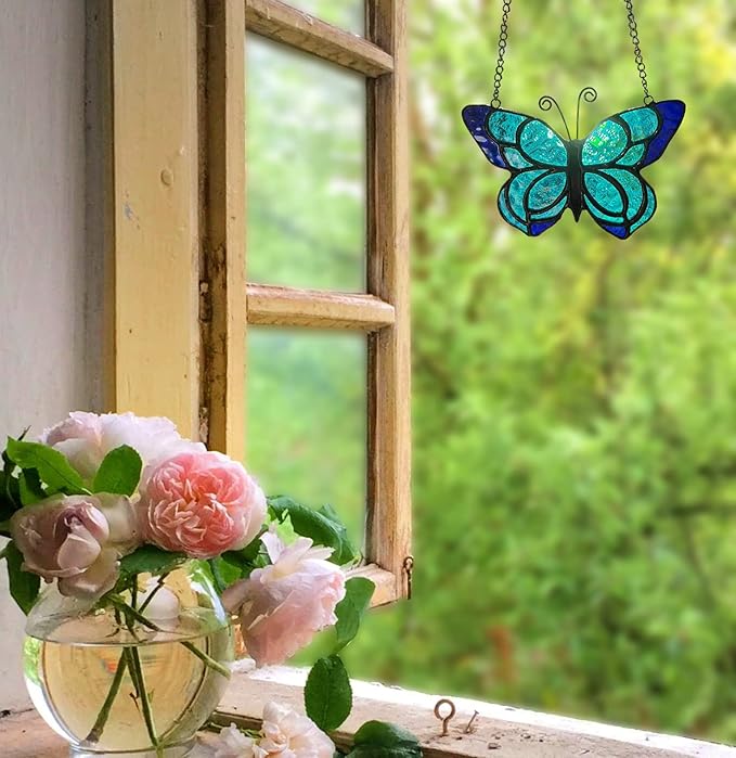 Blue Butterfly Suncatcher Stained Glass Window Hanging Panel Christmas Decor,Glass Butterfly Gift for Mom, Women 5.9×5.3Inch-VerdiqueGarden