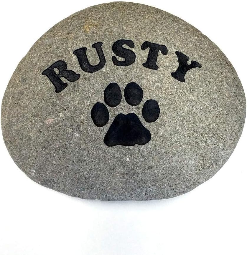 Personalized River Stone Pet Memorial Stones Headstone Grave Marker for Dog or Cat 8 inches to 10 inches Natural Rock Customized with Name and Paw Print-VerdiqueGarden