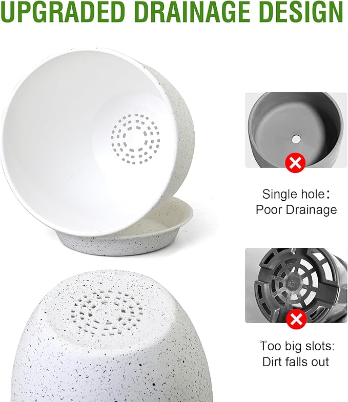 10/9/8 inch Medium Plant Pots, Set of 3 Modern Decorative Plastic Planters with Drainage Holes and Saucers for Garden House Plants, Flower Pots for Indoor Outdoor Plants, Speckled White-VerdiqueGarden