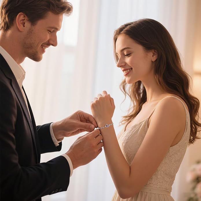 Iefil Valentines Day Gifts for Her - 925 Sterling Silver Rose Heart Birthstone Bracelets, Anniversary Birthday Gifts for Women Wife Mom Daughter, 6"+2"