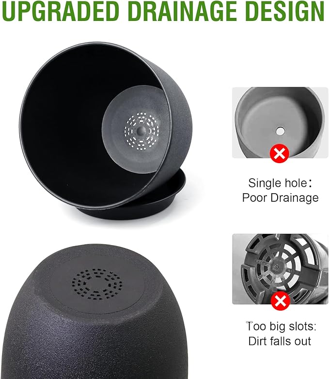10/9/8 inch Medium Plant Pots, 3 Pack Modern Decorative Plastic Planters with Drainage Holes and Saucers, Flower Pots for Indoor Outdoor Plants, Black-VerdiqueGarden