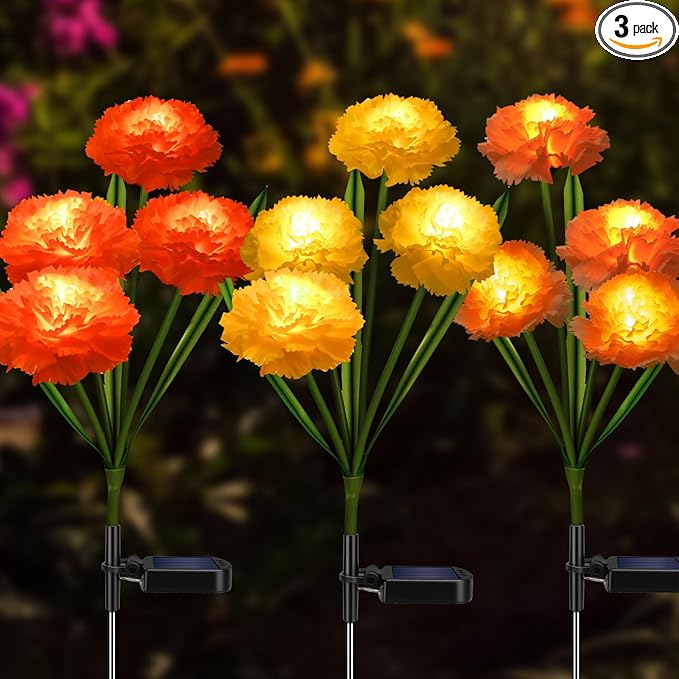 Solar Flowers Outdoor Waterproof, Solar Carnation Stake Lights Outside with 12 Real Looking Flowers for Yard Decorations Outdoor, Front Yard, Garden, Flower Bed, Lawn, Patio Decor (3 Pack)-VerdiqueGarden