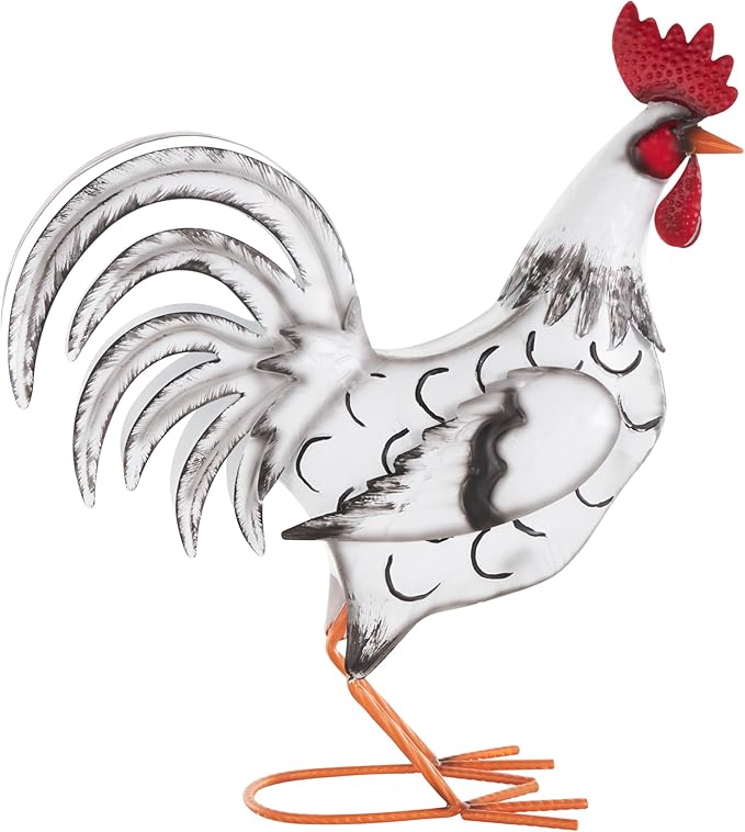 Deco 79 Metal Rooster Decorative Garden Sculpture Garden Statue with Black and Red Accents, Outdoor Sculpture 6" x 16" x 18", White-VerdiqueGarden