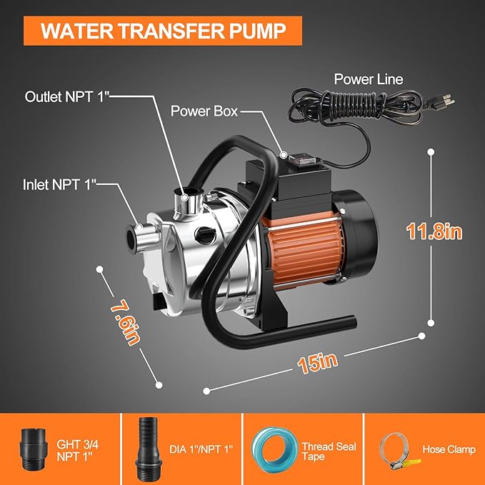 1.6 HP Portable Water Transfer Pump 1800 GPH Shallow Well Pump Garden Booster Sprinkler Pumps for Irrigation Lawn Farm Water Removal with Adapters, Orange-VerdiqueGarden