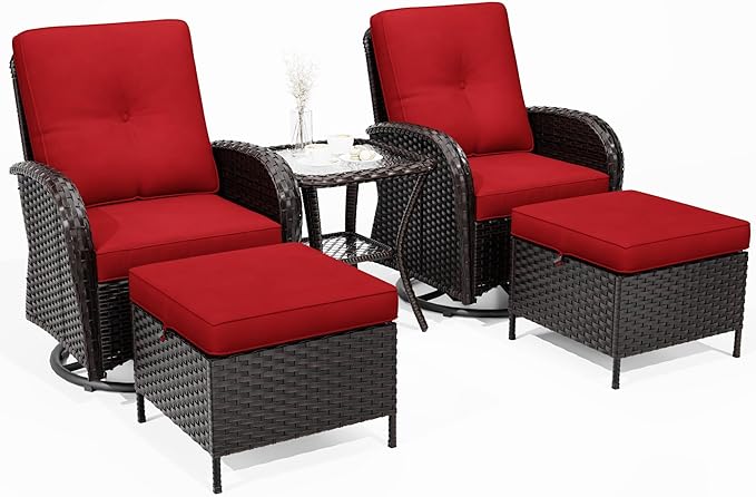 Joyside 5 Piece Patio Furniture Set, Outdoor Swivel Chair Sets with Thick Cushion and Ottoman, Wicker Patio Conversation Set for Porch, Deck Use (Brown/Red, 5 PCS)-VerdiqueGarden
