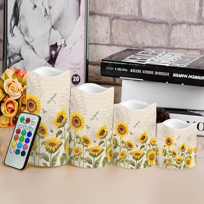 Ystardream Elegant Sunflower Flameless Candles Color Changing LED Candles with Remote Control Battery Candles for Outdoor and Indoor Home and Room Decoration,Backpack Set of 4 Piece-VerdiqueGarden