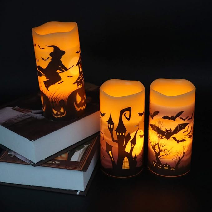 Halloween Real Wax LED Flameless Flickering Candles with 6H Timer, 3 Pcs Pillar Battery Operated Candle Sticks with Halloween Decal for Home Decor(3”x6”)-VerdiqueGarden