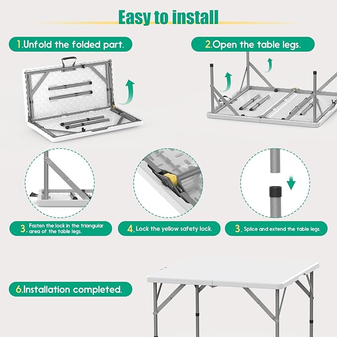 HLPB 34'' Square Folding Card Table, Fold-in-Half Portable Dining Table with Handle and Safety Lock, Foldable Plastic Dining Table Indoor Outdoor for Camping, Picnic and Party Event, White-VerdiqueGarden