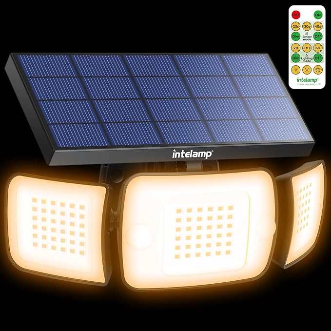 intelamp Solar Flood Lights Outdoor Waterproof, 6000mAh 1200LM Solar Powered Dual Motion Sensor LED Warm Lighting Dusk to Dawn Security Floodlight Exterior with Remote for Outside Garden House Patio-VerdiqueGarden