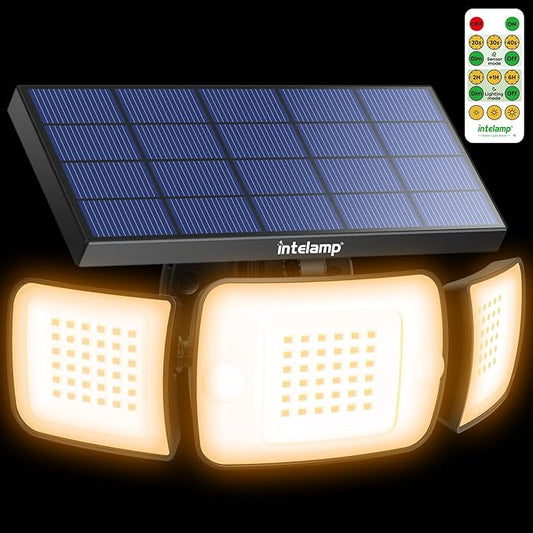 intelamp Solar Flood Lights Outdoor Waterproof, 6000mAh 1200LM Solar Powered Dual Motion Sensor LED Warm Lighting Dusk to Dawn Security Floodlight Exterior with Remote for Outside Garden House Patio-VerdiqueGarden