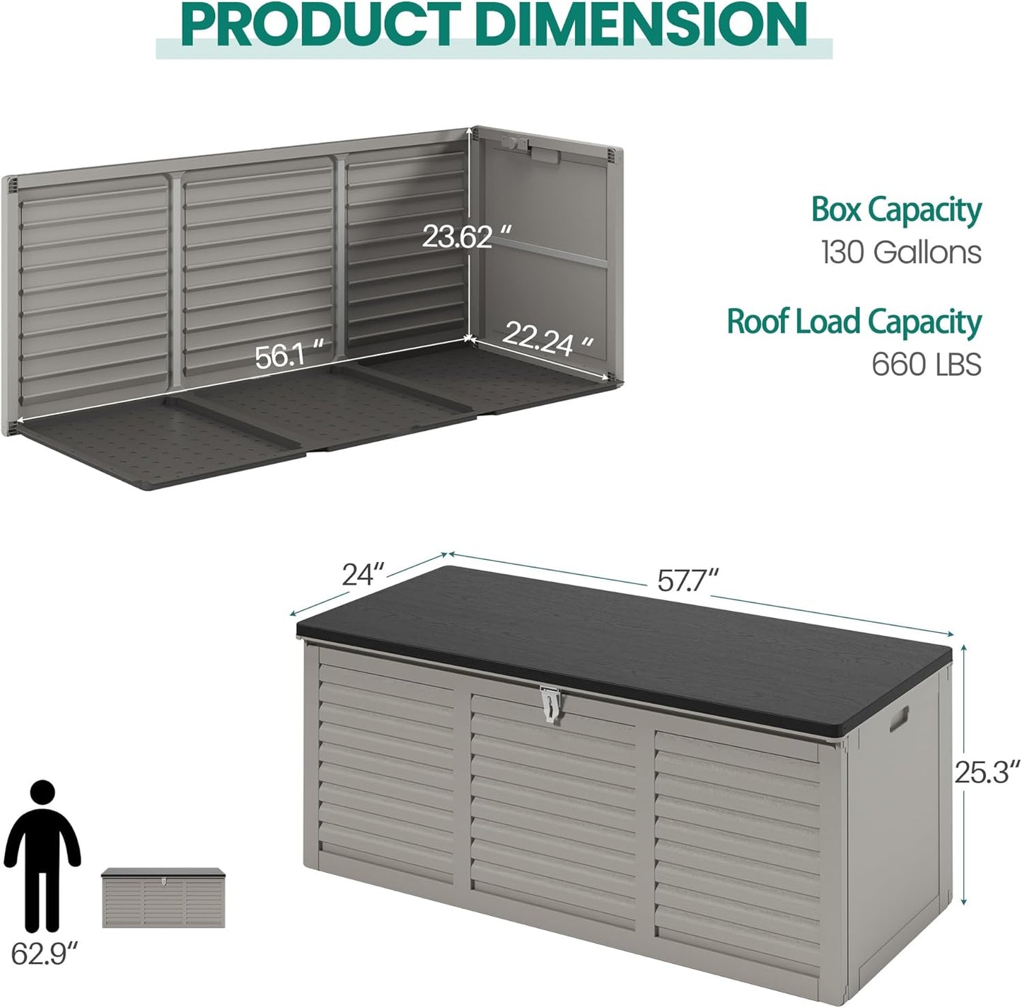 130 Gallon Outdoor Deck Box, Waterproof Resin Box with Lockable Lid, UV-Resistant for Cushions, Garden Tools & Pool Accessories (GRAY), Patio Furniture-VerdiqueGarden