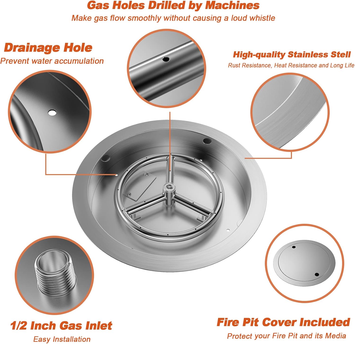 Skyflame 13 Inch Round Stainless Steel Drop in Fire Pit Pan Fire Bowl with Burner Ring and Protective Cover-VerdiqueGarden