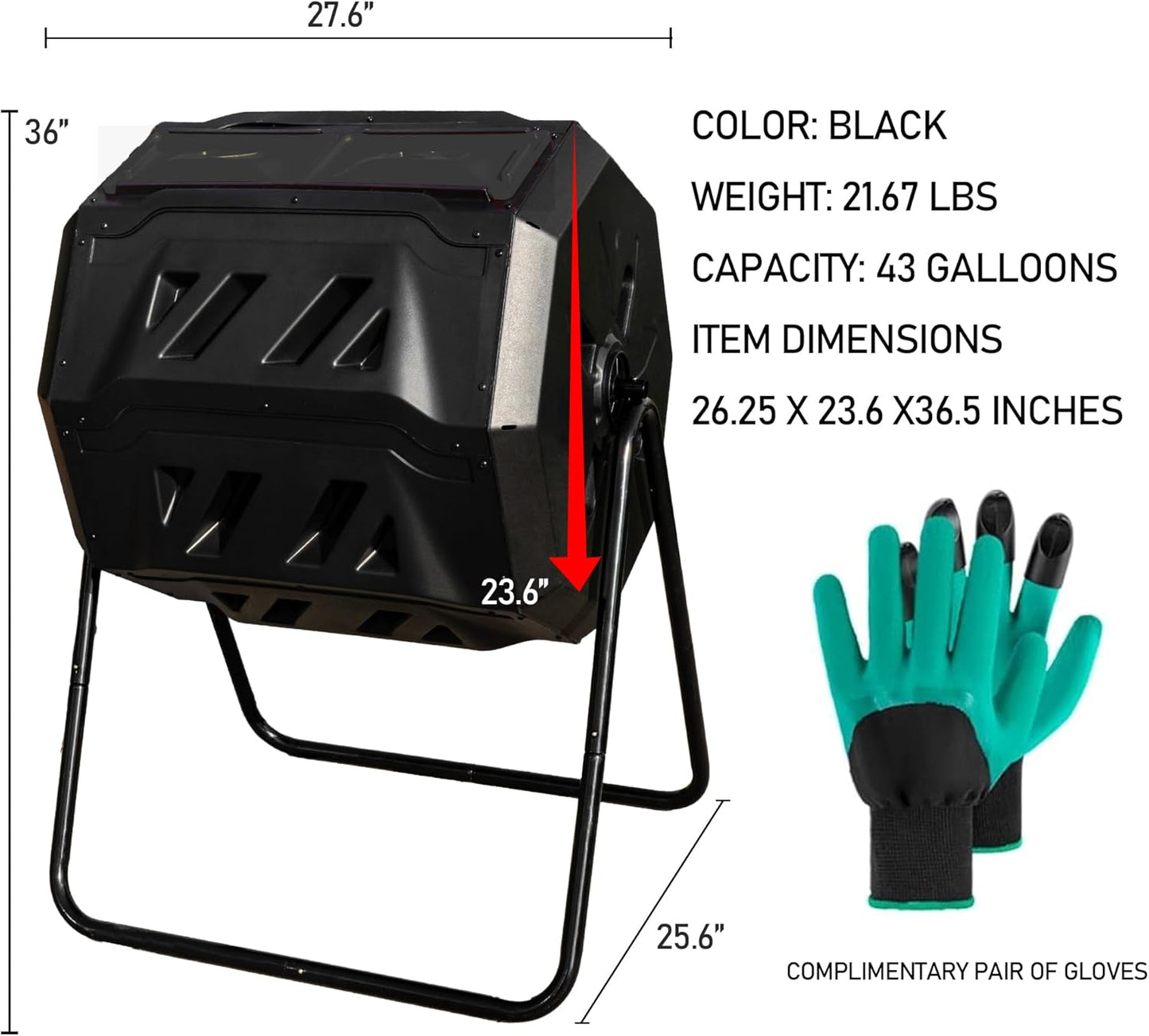 Hourleey Compost Bin Outdoor, 43 Gallon Dual Chamber Tumbling Composting Bin with Sliding Doors, Tumbler Rotating Batch Composter Bin for Garden Kitchen Yard-VerdiqueGarden