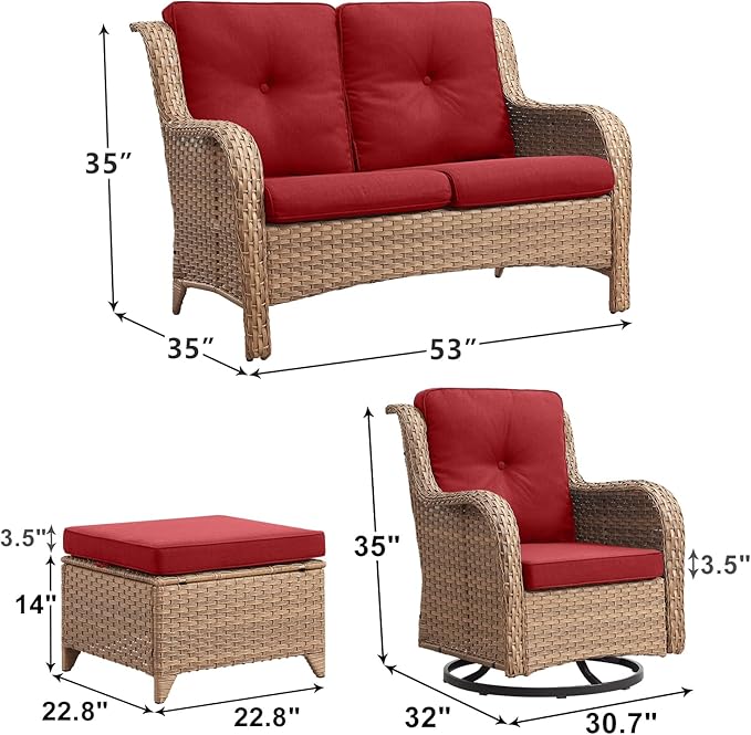 Outdoor Wicker Patio Furniture Set - 5 Piece Rattan Patio Conversation Set with 2 Rocking Swivel Chairs,2 Ottomans and 1 Loveseat for Porch Deck Backyard Garden(Yellow/Red)-VerdiqueGarden