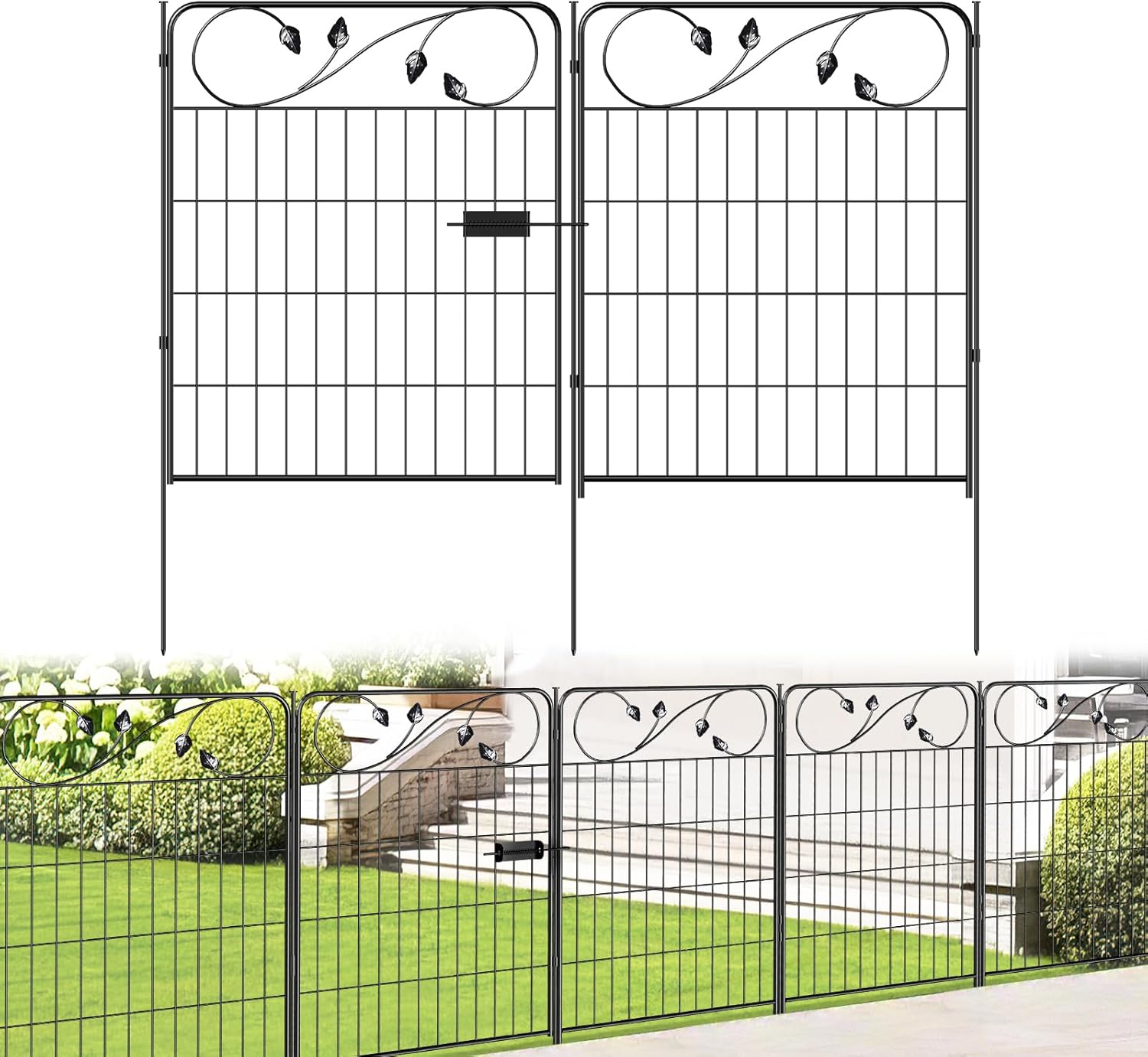 Decorative Metal Garden Fence 30in(H) X16ft(L) 1 gate+7 Panels Temporary Dog Fence Border for Landscape Patio Outdoor with gate, No dig Garden Fencing Gates for Yard-VerdiqueGarden