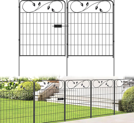 Decorative Metal Garden Fence 30in(H) X16ft(L) 1 gate+7 Panels Temporary Dog Fence Border for Landscape Patio Outdoor with gate, No dig Garden Fencing Gates for Yard-VerdiqueGarden