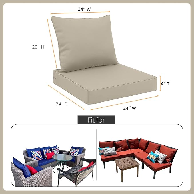 Favoyard Outdoor Seat Cushion Set 24 x 24 Inch Water-Resistant & Fade-Resistant Patio Furniture Cushions with Removable Cover Deep Seat & Back Cushion with Handle and Adjustable Straps for Chair Sofa-VerdiqueGarden