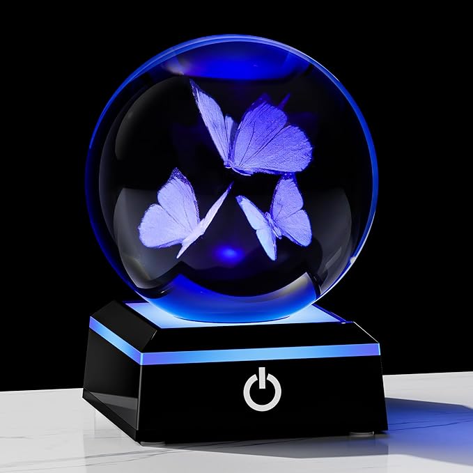 Qianwei Butterfly Gifts for Women 3D Crystal Ball 3.14'' - 80mm Laser Decor Glass Animals Figurines Statue for Room Decorations Night Light-VerdiqueGarden