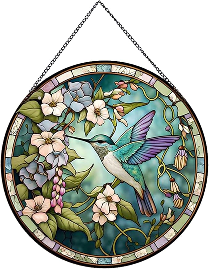 Hummingbirds and Flowers Pattern Stained Glass Suncatchers for Windows,Hanging Stained Glass Suncatcher,20cm/7.87inch Hand-Painted Sun Catcher Garden Painted Glass Panel Decor Themed Gift-VerdiqueGarden