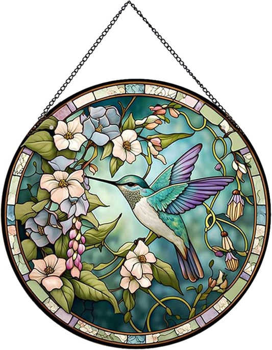 Hummingbirds and Flowers Pattern Stained Glass Suncatchers for Windows,Hanging Stained Glass Suncatcher,20cm/7.87inch Hand-Painted Sun Catcher Garden Painted Glass Panel Decor Themed Gift-VerdiqueGarden