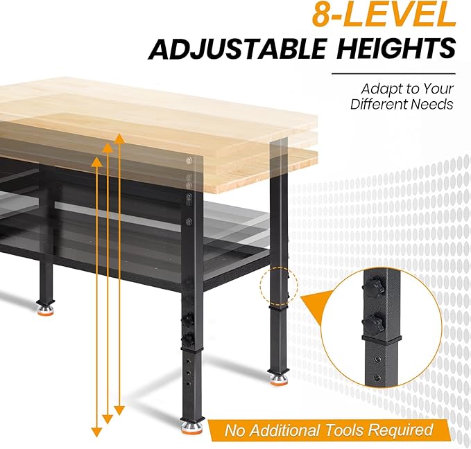 48"/60'' Adjustable Workbench, Rubber Wood Work Bench Heavy-Duty with Partition,2000 LBS Load Capacity Hardwood Work Table for Garage, Workshop, Home, Office, Easy Assembly (w/partition,48'')-VerdiqueGarden